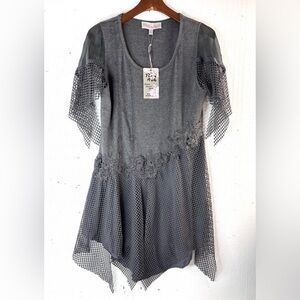Pretty Angel L Linen Blend Ribbed Gray Mesh Lace Charcoal Knit Mini Dress